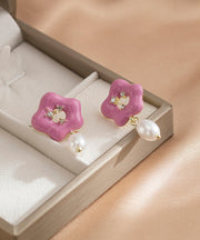 Cute Pink Alloy Floral Pearl Drip Glaze Drop Earrings