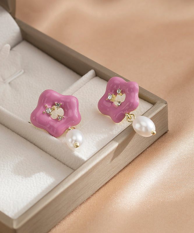 Cute Pink Alloy Floral Pearl Drip Glaze Drop Earrings