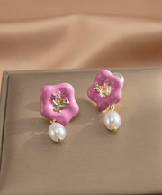 Cute Pink Alloy Floral Pearl Drip Glaze Drop Earrings
