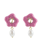 Cute Pink Alloy Floral Pearl Drip Glaze Drop Earrings