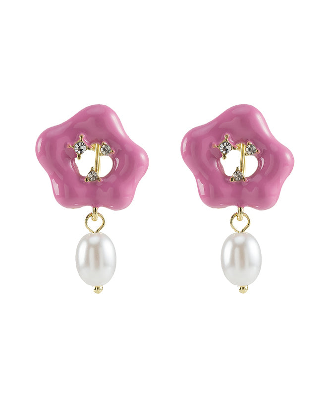 Cute Pink Alloy Floral Pearl Drip Glaze Drop Earrings