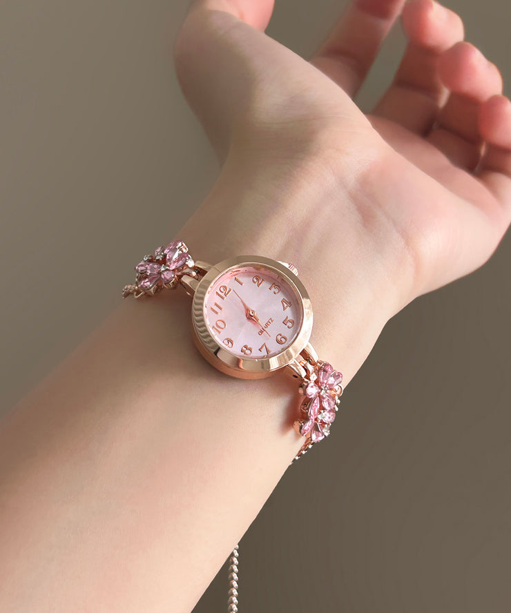Cute Pink Alloy Floral Zircon Chain Tassel Watches