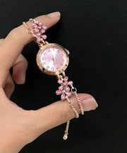 Cute Pink Alloy Floral Zircon Chain Tassel Watches
