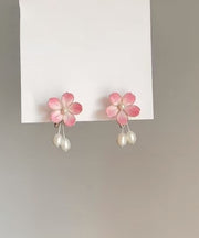 Cute Pink Alloy Pearl Floral Drop Earrings