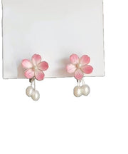 Cute Pink Alloy Pearl Floral Drop Earrings