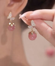Cute Pink Alloy Zircon Butterfly Cat Eye Stone Stud Earrings
