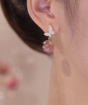 Cute Pink Alloy Zircon Butterfly Cat Eye Stone Stud Earrings