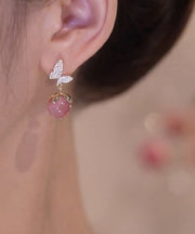 Cute Pink Alloy Zircon Butterfly Cat Eye Stone Stud Earrings