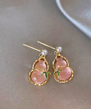 Cute Pink Alloy Zircon Resin Hollow Out Calabash Drop Earrings