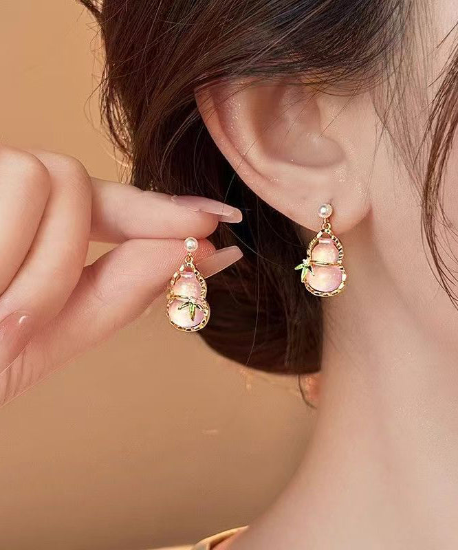Cute Pink Alloy Zircon Resin Hollow Out Calabash Drop Earrings