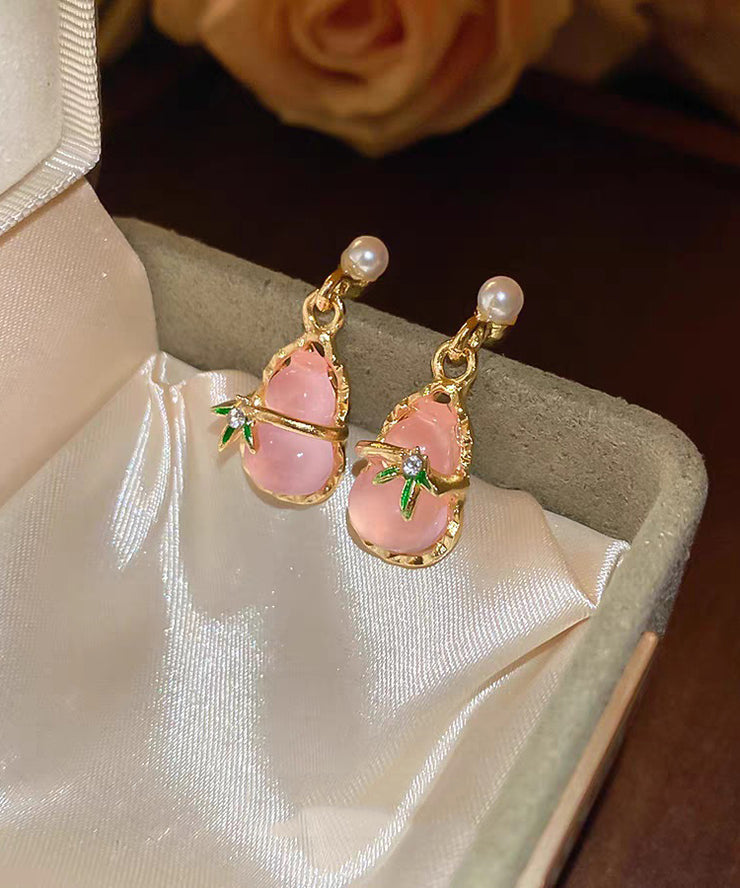 Cute Pink Alloy Zircon Resin Hollow Out Calabash Drop Earrings