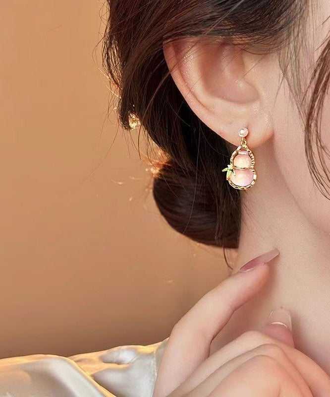 Cute Pink Alloy Zircon Resin Hollow Out Calabash Drop Earrings