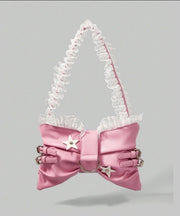 Cute Pink Bow Patchwork Lace Faux Leather Girls Shoulder Bags