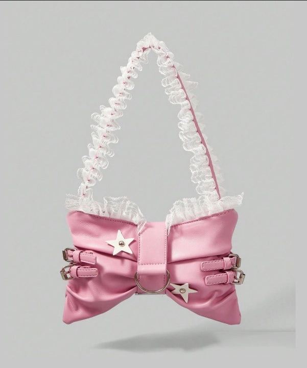 Cute Pink Bow Patchwork Lace Faux Leather Girls Shoulder Bags