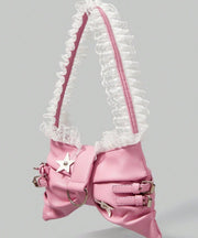 Cute Pink Bow Patchwork Lace Faux Leather Girls Shoulder Bags