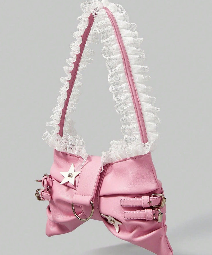 Cute Pink Bow Patchwork Lace Faux Leather Girls Shoulder Bags