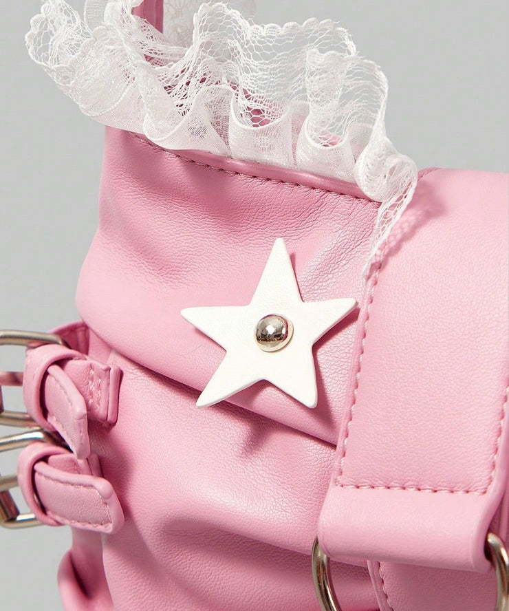 Cute Pink Bow Patchwork Lace Faux Leather Girls Shoulder Bags