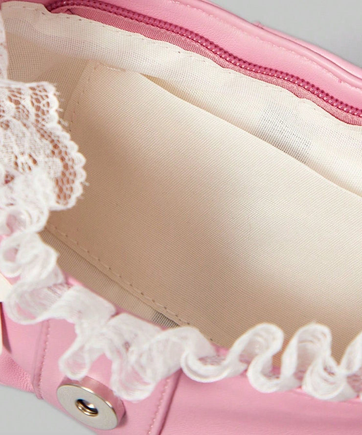 Cute Pink Bow Patchwork Lace Faux Leather Girls Shoulder Bags