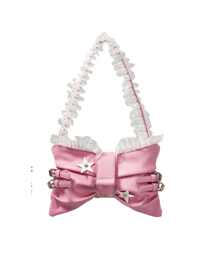 Cute Pink Bow Patchwork Lace Faux Leather Girls Shoulder Bags