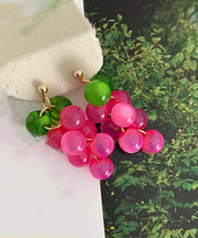 Cute Pink Copper Alloy Cat's Eye Stone Resin Grape Drop Earrings