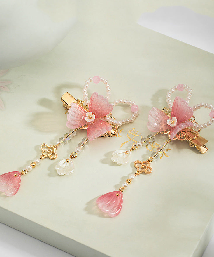 Cute Pink Copper Alloy Pearl Colored Glaze Tassel A Pair Hairpin