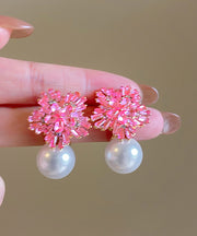 Cute Pink Copper Alloy Zircon Pearl Drop Earrings
