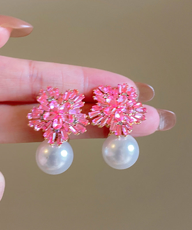 Cute Pink Copper Alloy Zircon Pearl Drop Earrings