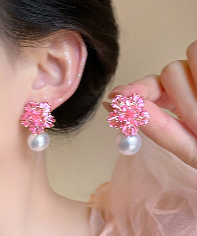 Cute Pink Copper Alloy Zircon Pearl Drop Earrings