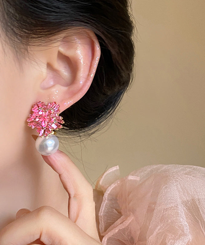 Cute Pink Copper Alloy Zircon Pearl Drop Earrings