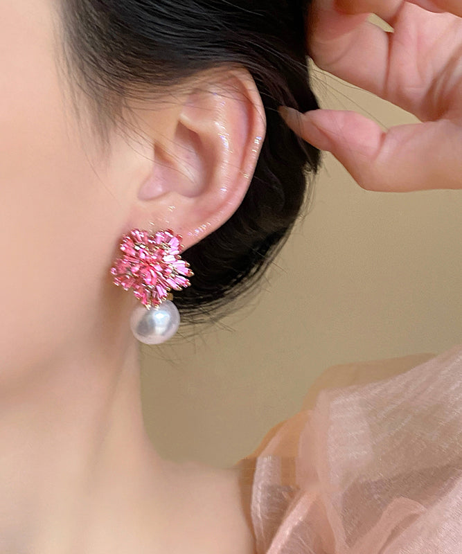 Cute Pink Copper Alloy Zircon Pearl Drop Earrings