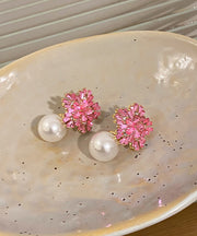 Cute Pink Copper Alloy Zircon Pearl Drop Earrings