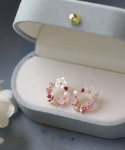 Cute Pink Copper Overgild Zircon Floral Hoop Earrings