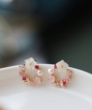 Cute Pink Copper Overgild Zircon Floral Hoop Earrings