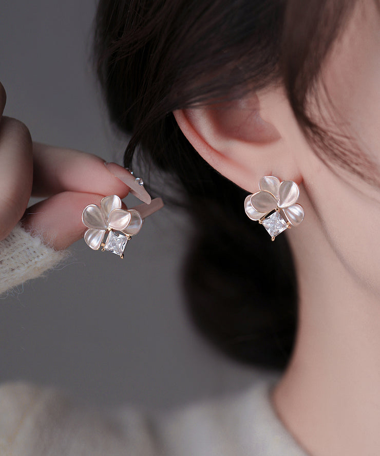 Cute Pink Copper Overgild Zircon Petal Stud Earrings