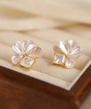 Cute Pink Copper Overgild Zircon Petal Stud Earrings