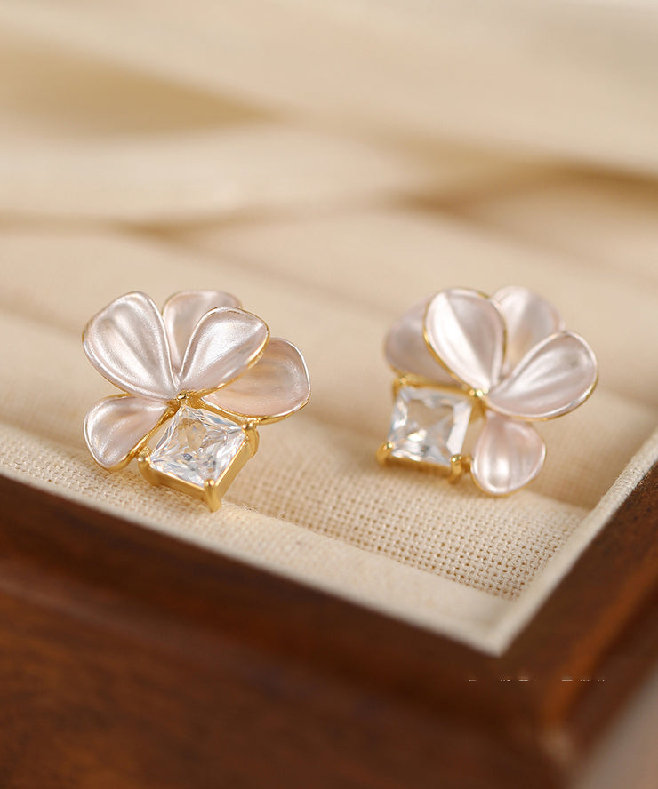 Cute Pink Copper Overgild Zircon Petal Stud Earrings