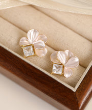 Cute Pink Copper Overgild Zircon Petal Stud Earrings