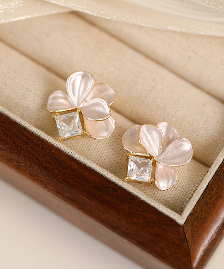 Cute Pink Copper Overgild Zircon Petal Stud Earrings
