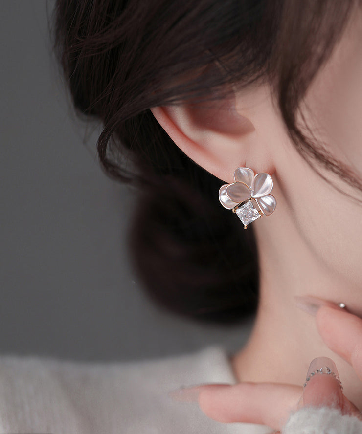 Cute Pink Copper Overgild Zircon Petal Stud Earrings