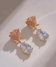 Cute Pink Copper Zircon Gem Stone Rose Water Drop Drop Earrings