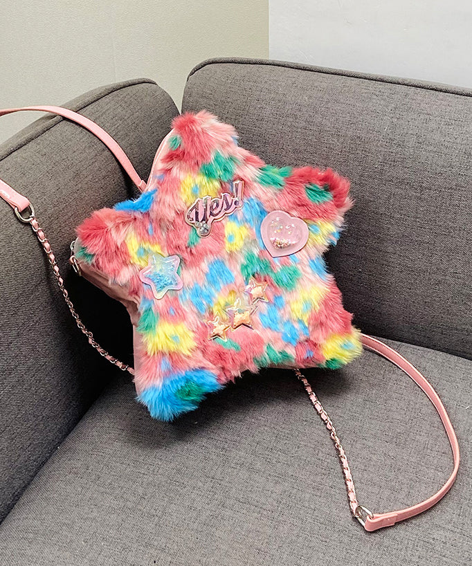 Cute Pink Five-pointed Star Patchwork Faux Fur Girls Backpack Bag