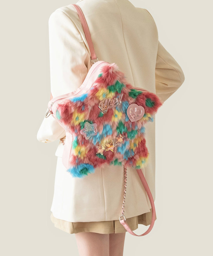 Cute Pink Five-pointed Star Patchwork Faux Fur Girls Backpack Bag