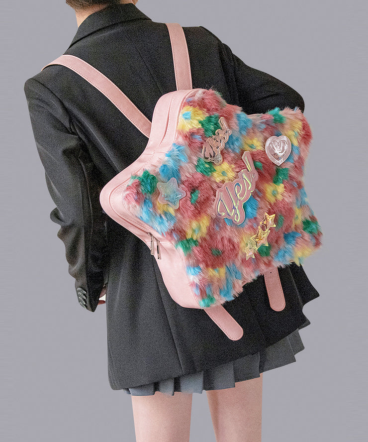 Cute Pink Five-pointed Star Patchwork Faux Fur Girls Backpack Bag