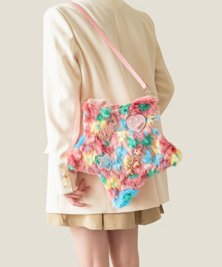 Cute Pink Five-pointed Star Patchwork Faux Fur Girls Backpack Bag