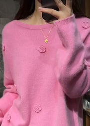 Cute Pink Floral Thick Cotton Knit Sweaters Long Sleeve