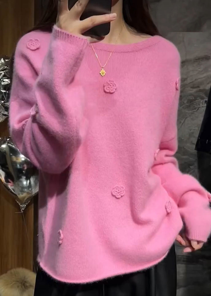Cute Pink Floral Thick Cotton Knit Sweaters Long Sleeve