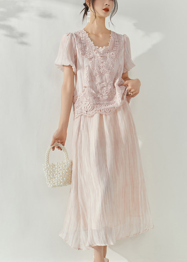 Cute Pink Lace Patchwork Silk Cotton Top And Maxi Skirts Two Pieces Set Puff Sleeve
