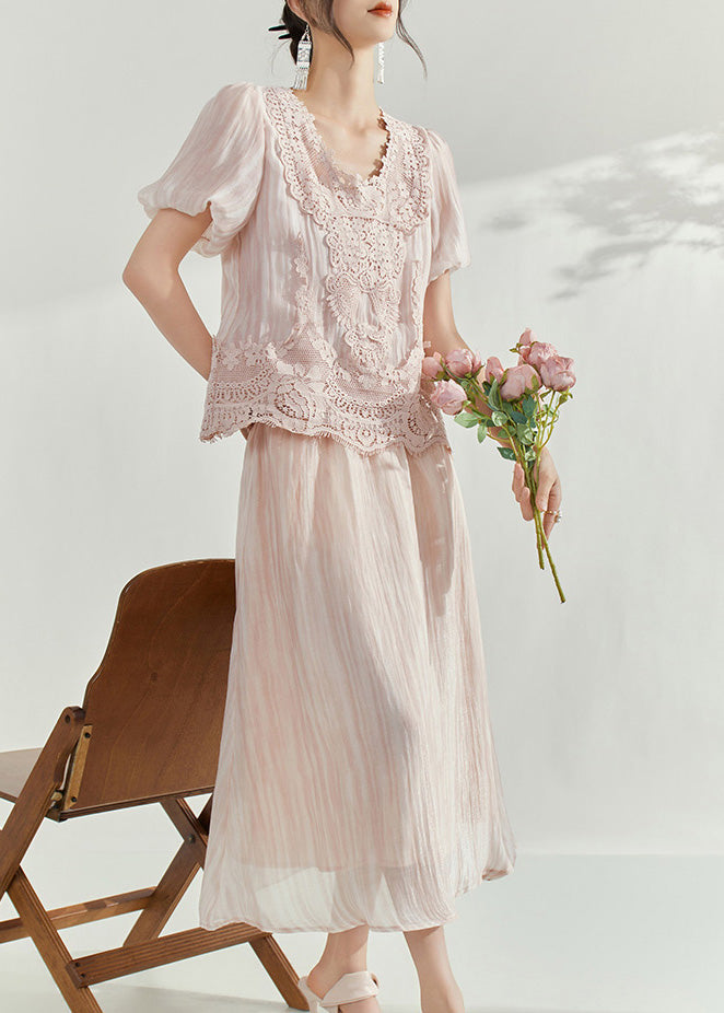 Cute Pink Lace Patchwork Silk Cotton Top And Maxi Skirts Two Pieces Set Puff Sleeve