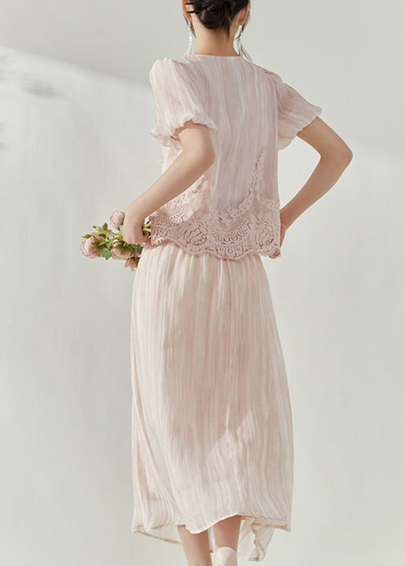 Cute Pink Lace Patchwork Silk Cotton Top And Maxi Skirts Two Pieces Set Puff Sleeve