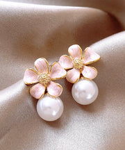 Cute Pink Metal Alloy Pearl Floral Drip Glaze Stud Earrings